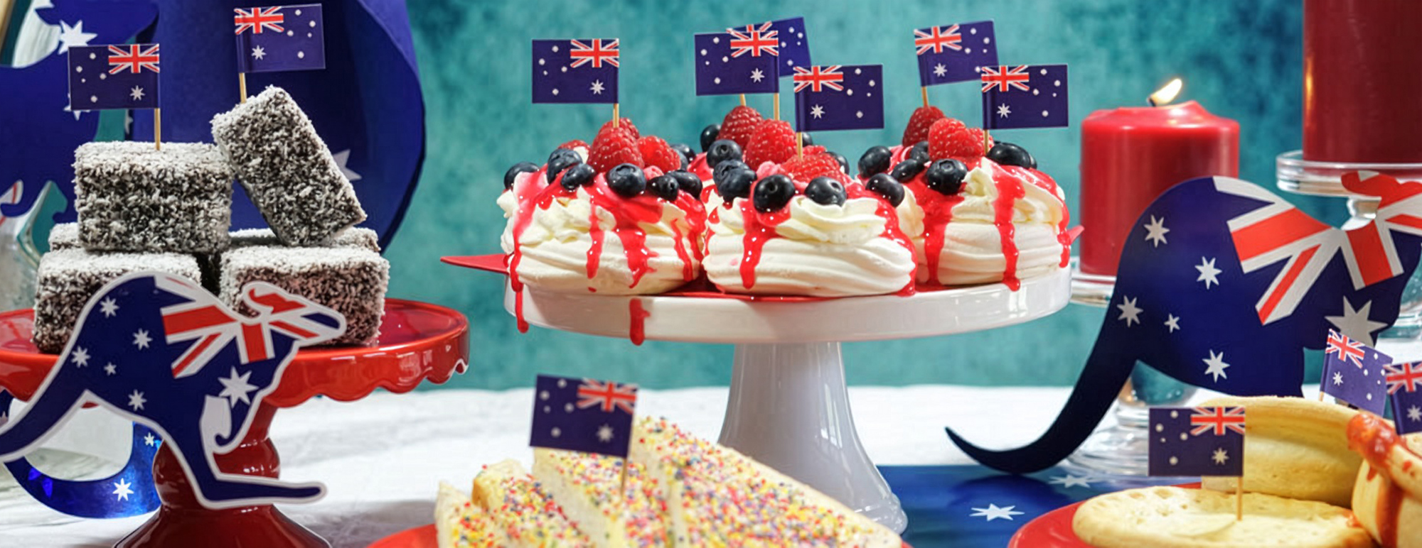 assortment of party foods adorned with Australian flags and kangaroos